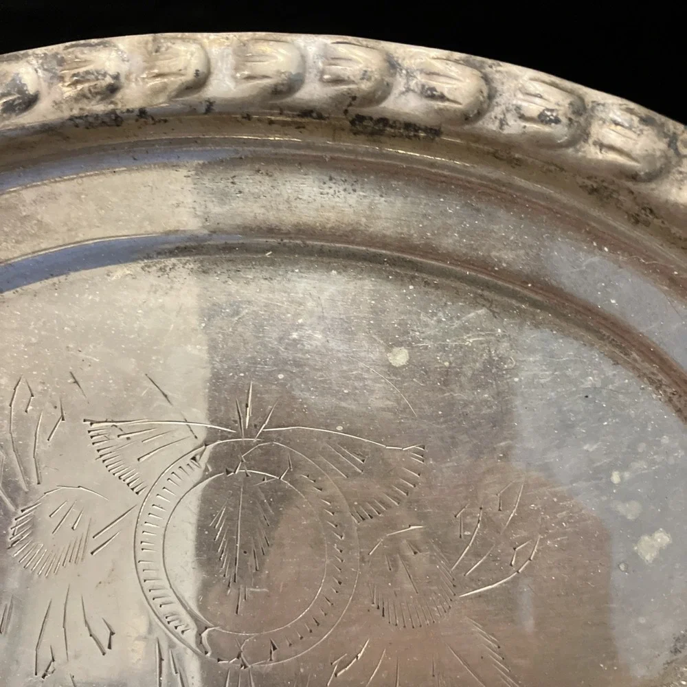 VTG Silver Plate Bread Plate Trinket Tray AMC India Floral Engraved Moradabad